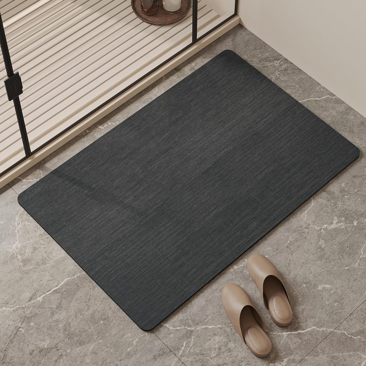 Mecko Bath Mat, Ultra Absorbent Quick Dry Bathroom Floor Mats-Rubber Non-Slip Thin Bathroom Rug Fit Under Door, Faux Suede Surface Shower Rug for Bathtub, Sink, Shower Room(Black,24"x48")