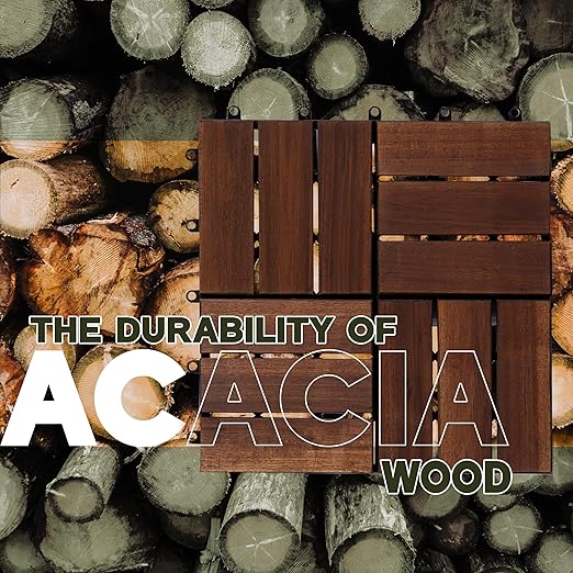 VICTORY RELAX Acacia Wood Decking Tiles 9PCS - Easy Snap Interlocking Deck Tiles for Patio Poolside Balcony Decor - All Weather Waterproof Flooring for Indoor & Outdoor (Round Joints)
