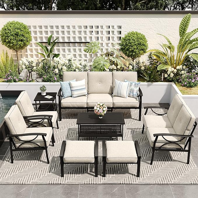 FansaFurn 8-Pieces Outdoor Patio Furniture Set, Outdoor Metal Sectional Furniture with Cushions, Outdoor Conversation Seating Set with Coffee Table for Garden, Balcony, Deck, Backyard, Black