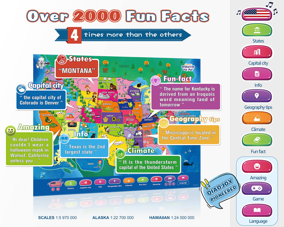 Qiaojoy V2 Interactive Kids Map Bilingual United States Map for Kids Learning, Educational Talking USA Map Poster Geography Games Personalized Kids Toys for Boys & Girls Ages 3-12