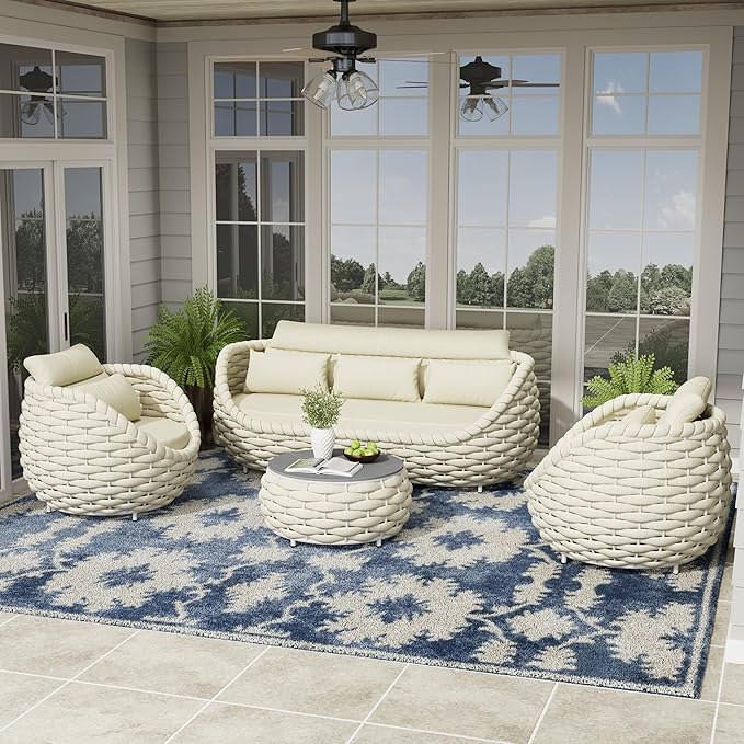 Erotr Woven Rope Outdoor Sofa Set: 4 Pieces Aluminum Patio Conversation Set Assembled - All Weather Cushioned Porch Furniture Couch - Modern Metal Lounge Set for Deck Yard Resort Hotel Sunroom, Beige