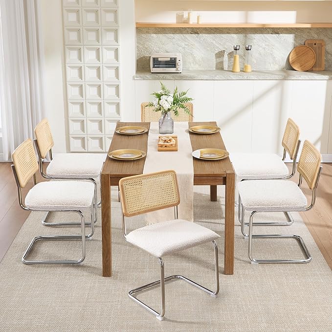 Zesthouse Rattan Dining Chairs Set of 6, Mid Century Modern Dining Room Chairs with Natural Cane Mesh & Chrome Base, White Cesca Chair Boucle Fabric, Farmhouse Kitchen Chair with Solid Wood Frame Back
