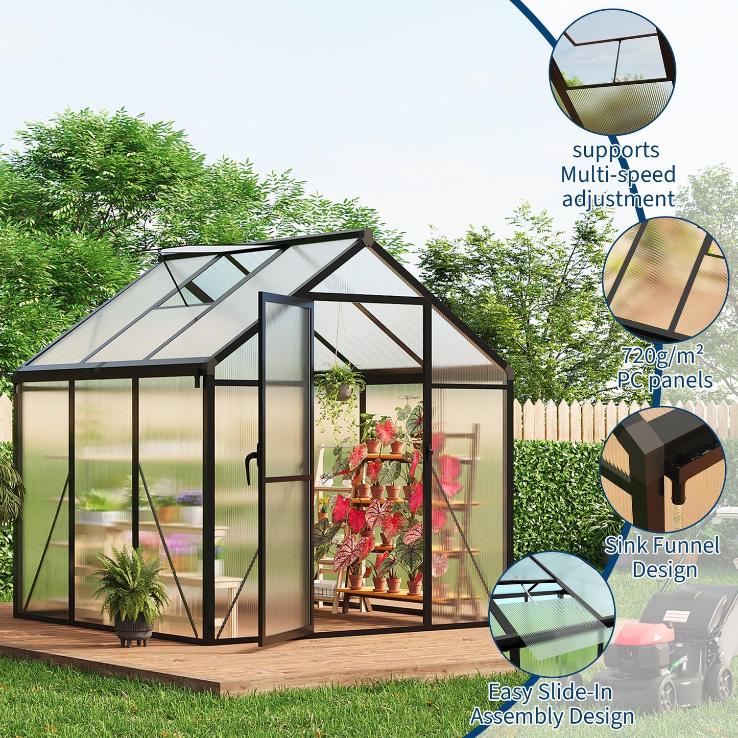 6x6 FT Greenhouse for Outdoors, Polycarbonate Greenhouse with Aluminum Frame, Lockable Door, Adjustable Roof Vent and Rain Gutter, for Backyard, Garden, Patio