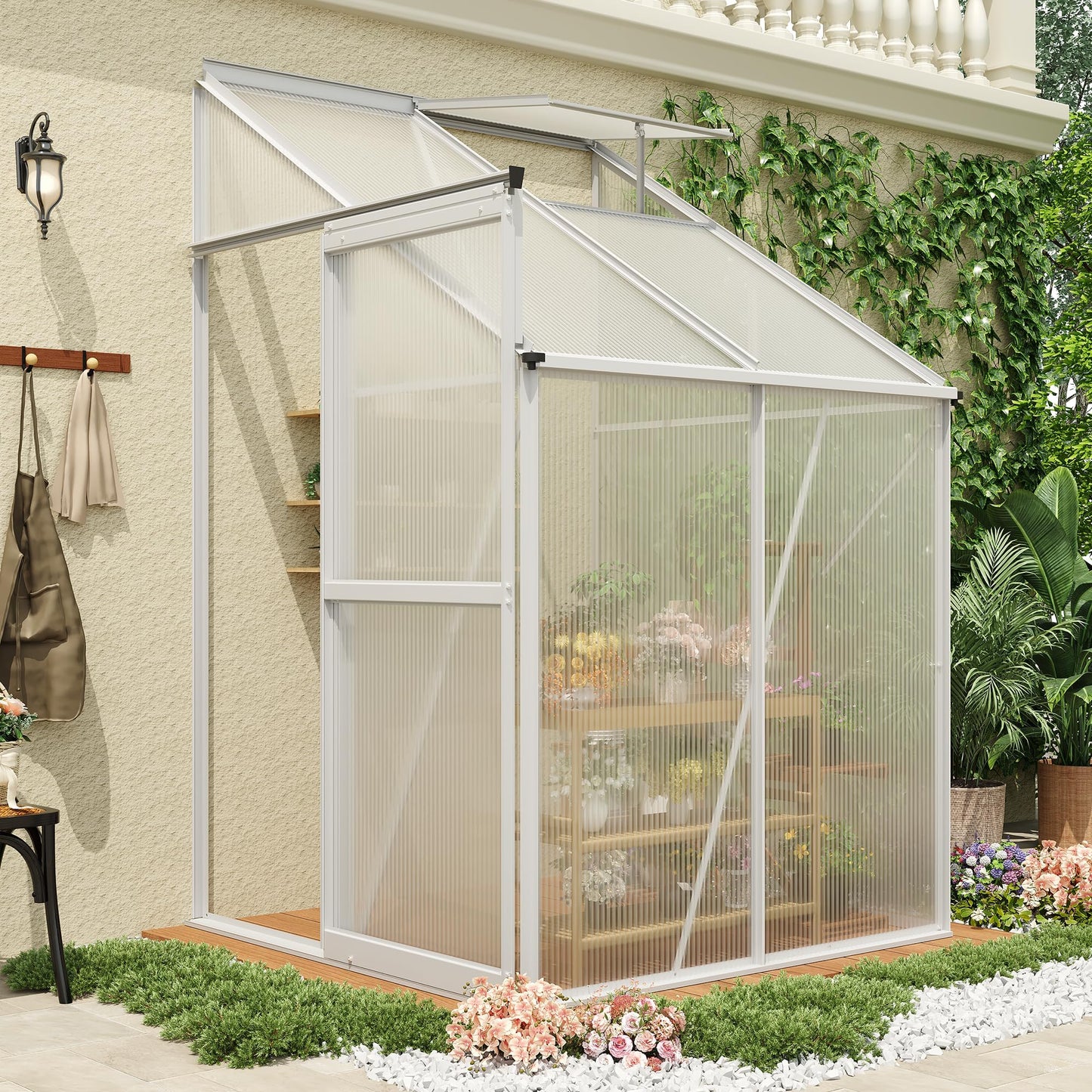 MilleLoom 4x4 Ft Greenhouse, Lean-to Polycarbonate Greenhouse with Quick Setup Structure, Roof Vent&Sliding Door, Aluminum Walk-in Green House for Outside Garden Backyard, Patio, Lawn, Silver