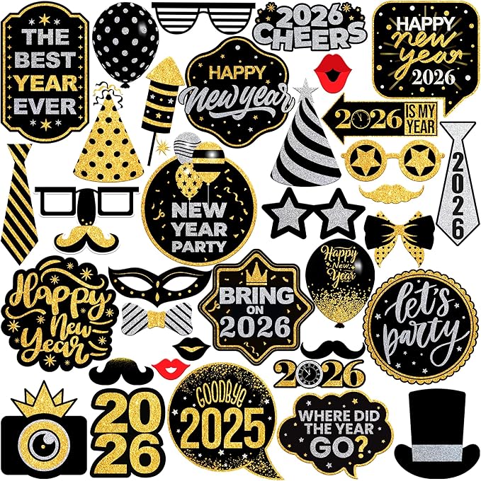 KatchOn, Huge New Years Photo Booth Props 2026 - Glitter, Pack of 35 | New Years Eve Photo Booth Props for New Years Eve P...