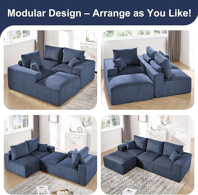 108" Modular Sectional Sofa, Compression Sofa with Deep Seat, Modular L-Shape Couch with Chaise, Upholstered Couches for Living Room Bedroom, No Assembly Required (Blue Corduroy, 108" L Shape)