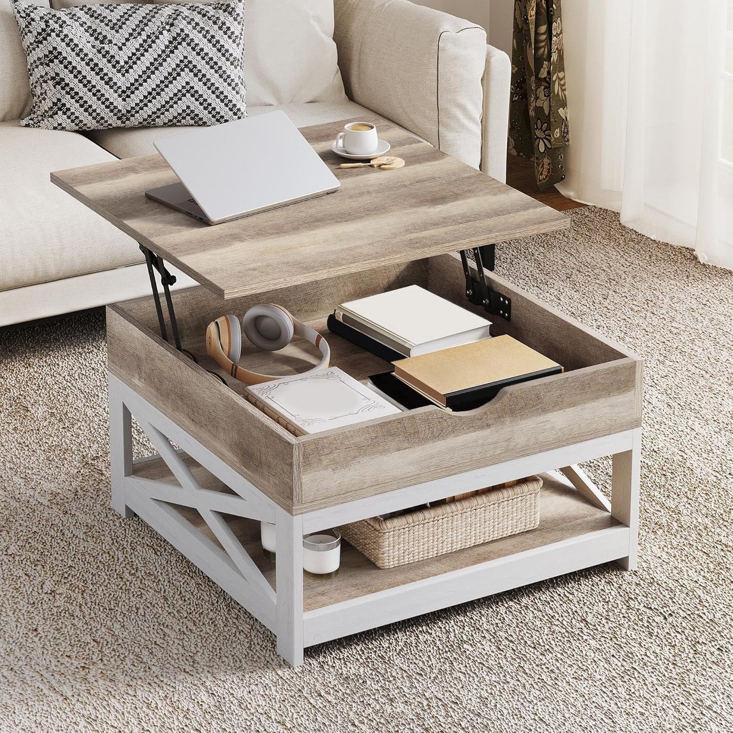 YITAHOME Coffee Tables with Living Room, Lift Top Coffee Table with Storage, Farmhouse Coffee Table, Square Wood Center Table Cocktail Table, Grey Wash