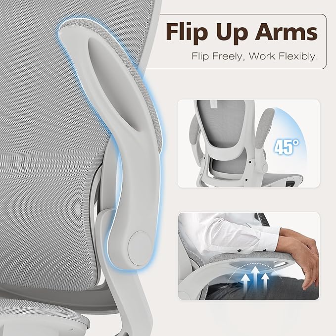 GABRYLLY Ergonomic Mesh Office Chair- White Desk Chair, Flip-Up Armrest, Adjustable Headrest, Tilting with Soft Seat and PU Wheel, Elite Home Desk Chair for Work, Study, Gaming (GY1108)