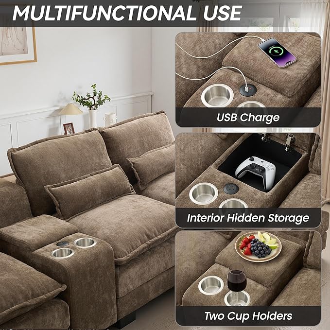 125" U Shaped Cloud Modular Sectional Couch for Living Room, Small Comfy Chenille Sofa with Double Chaise Lounge, Storage Central Console, Cup Holders, USB Port,Brown