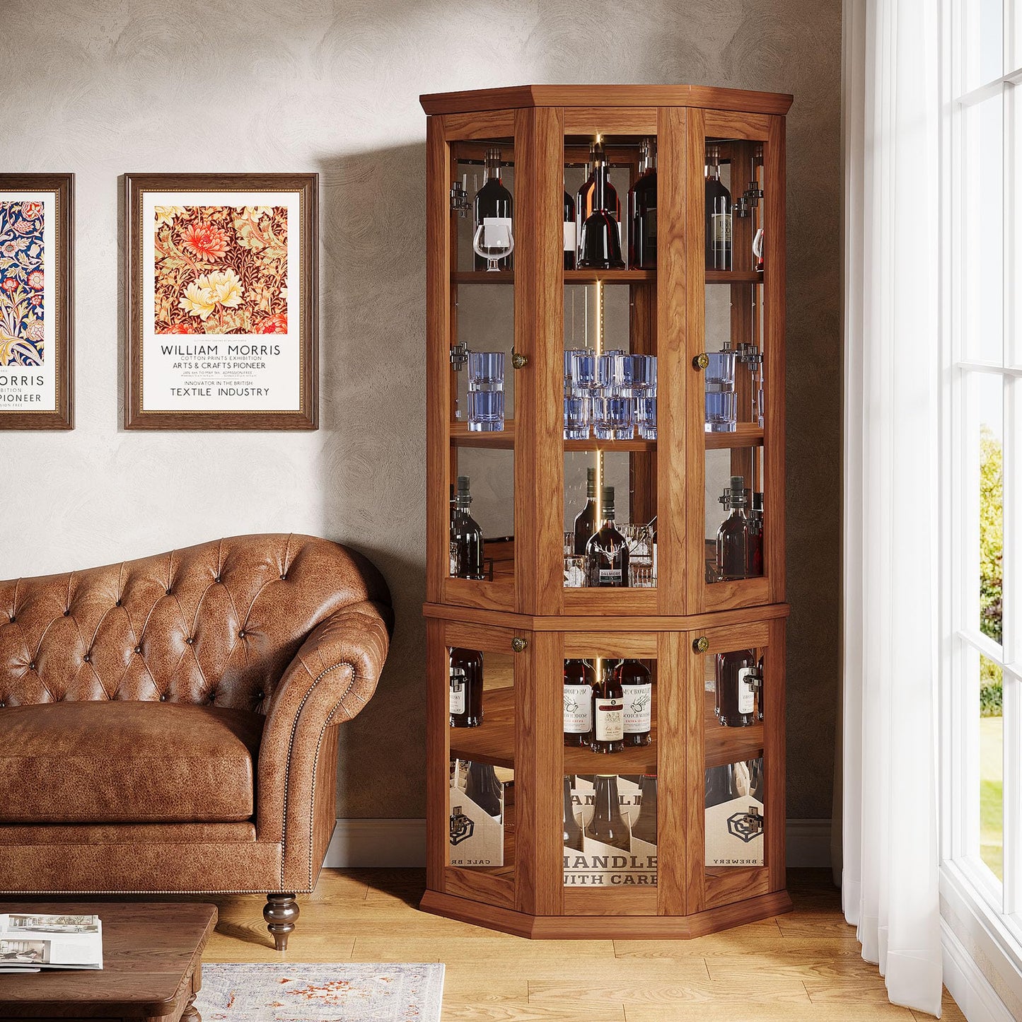 Tribesigns 70.87-Inch Corner Bar Cabinet, Tall Modern Corner Wine Cabinet with Doors & LED Lights, 5-Tier Home Bar Liquor Cabinet for Dining Room, Living Room, Kitchen, Rusitc Brown