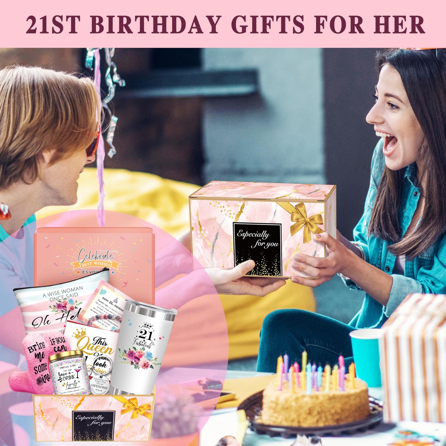 ShinnyWis 21st Birthday Gifts for Her Women,Happy 21st Birthday Basket Gifts Box for Her Daughter Sister Girlfriend,Tumblers Gifts Set for 21 Year Old Women,Funny 21 Birthday Gifts Ideas