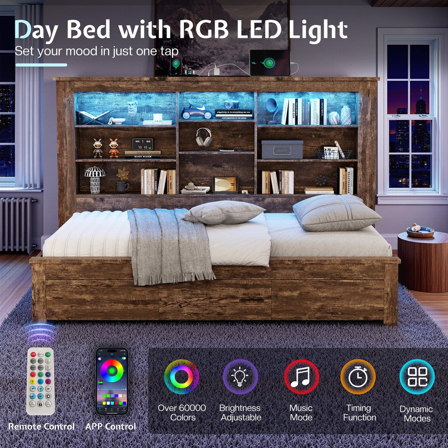 Jocisland Twin Daybed with Bookcase Headboard, USB-C Charging, RGB Lights & 3 Drawers, No Box Spring Needed, Wood Bed Frame for Teens, Dorms, Guest Room, Rustic Oak