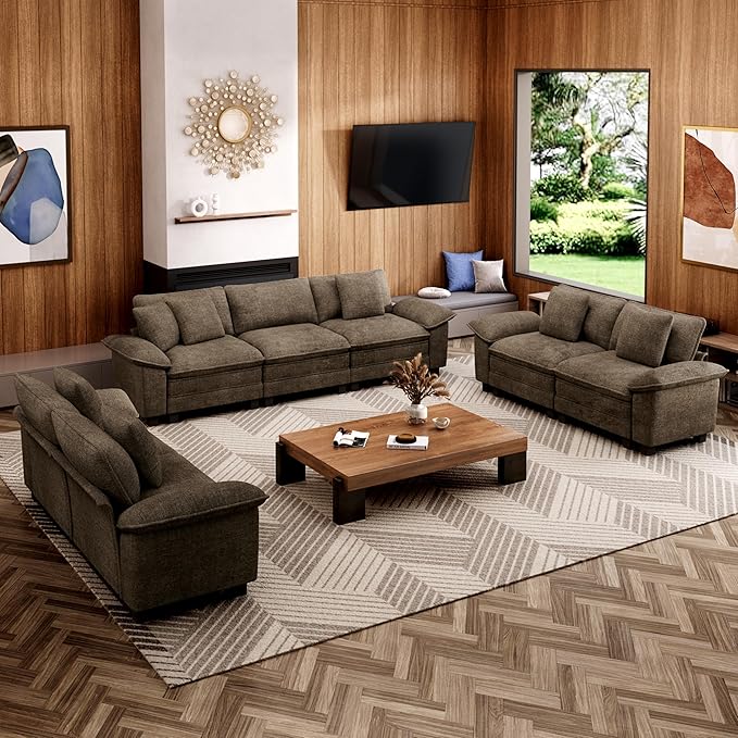 MIXPATIO Cloud Couch Sectional Sofa Set, Plush 24.4-Inch Deep 7-Seat Sectional with Velvety Chenille & Removable Arms for Living Room and Apartment, Taupe