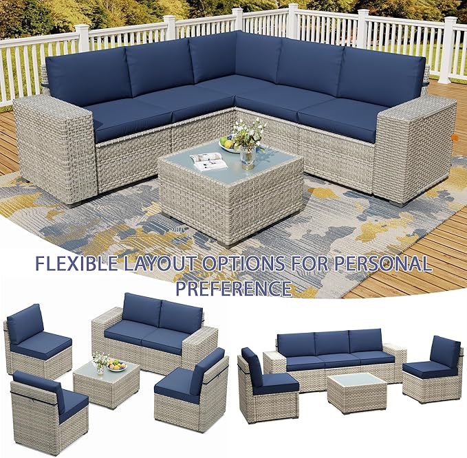 Broivira 6 Piece Patio Furniture Set, 9.8" Wide Arm Sectional Sofa with Storage Armrests, All-Weather Rattan Outdoor Conversation Set for Garden, Porch, Lawn, Backyard, Balcony, Blue