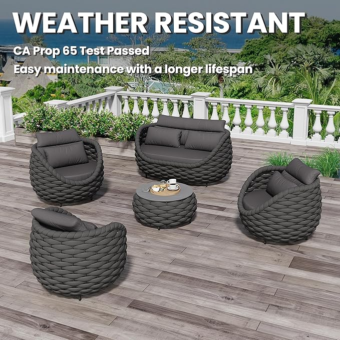 Erotr Fully Assembled Patio Furniture Set: 5 Pieces Woven Rope Outdoor Conversation Set Cushioned - Modern Metal Deck Loveseat Chair Table Set - Porch Seating For Yard Garden Poolside Hotel, Dark Grey