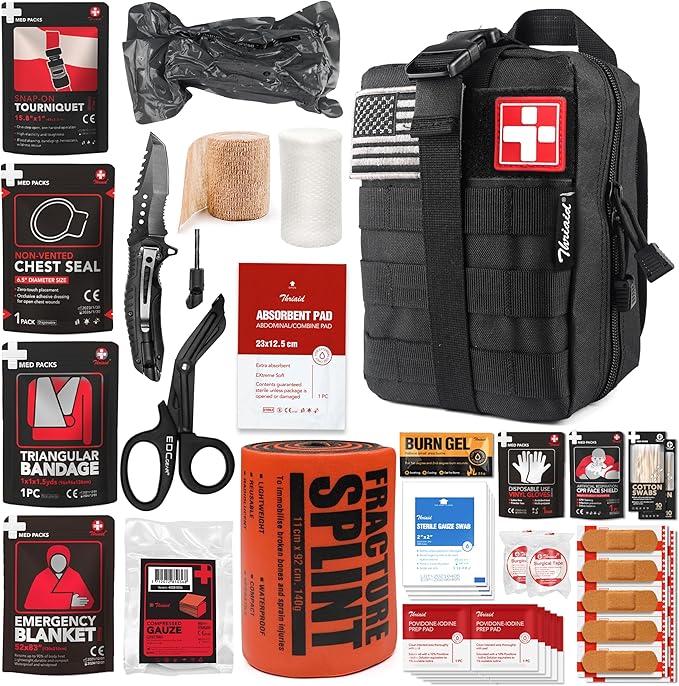 Survival First Aid Kit with Israeli Bandage, Splint, Chest Seal, Tactical Military Combat Molle IFAK for Wound Care, Bleed...