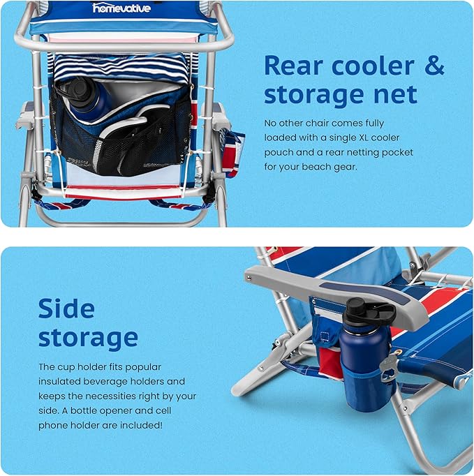 Homevative Cooler+ Folding Backpack Beach Chair with 5 Positions, Towel bar, XL Cooler Pouch, Storage Net, Cup and Phone Holder, Fireworks, 2 Pack