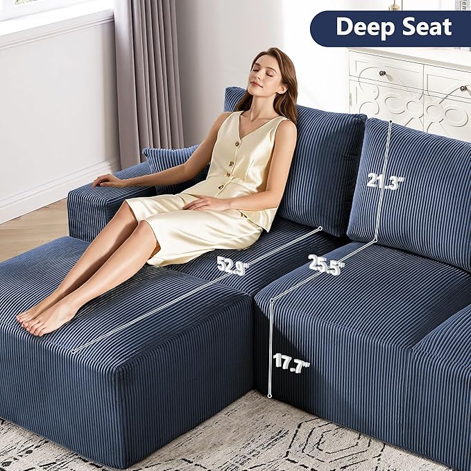 108" Modular Sectional Sofa, Compression Sofa with Deep Seat, Modular L-Shape Couch with Chaise, Upholstered Couches for Living Room Bedroom, No Assembly Required (Blue Corduroy, 108" L Shape)