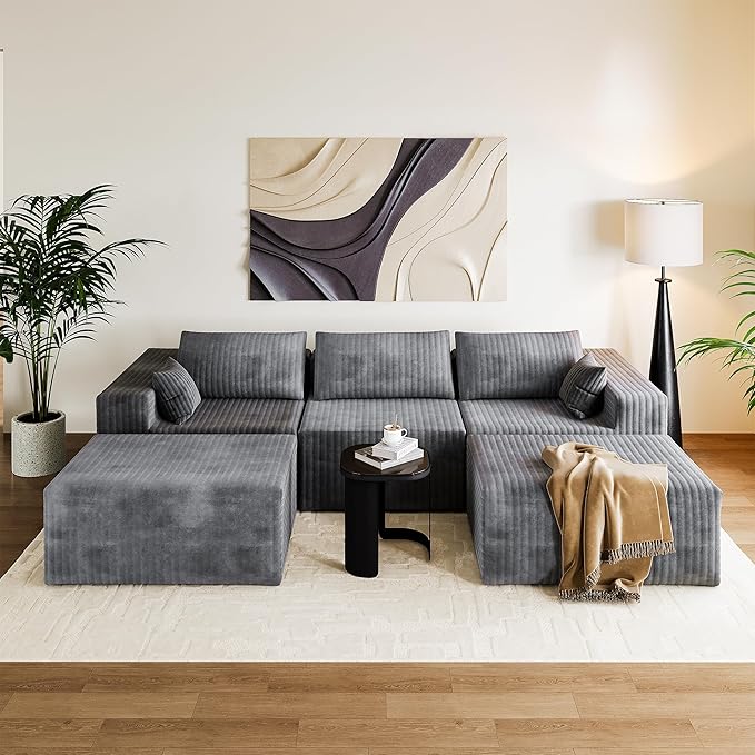 CABZOON 110" Cloud Couch Sectional for Living Room U-Shape Boneless Couches Modular Sectional Sofa with Deep Seat with Chaise,No Assembly Required, Carbon Gray(Plush Corduroy Fabric)