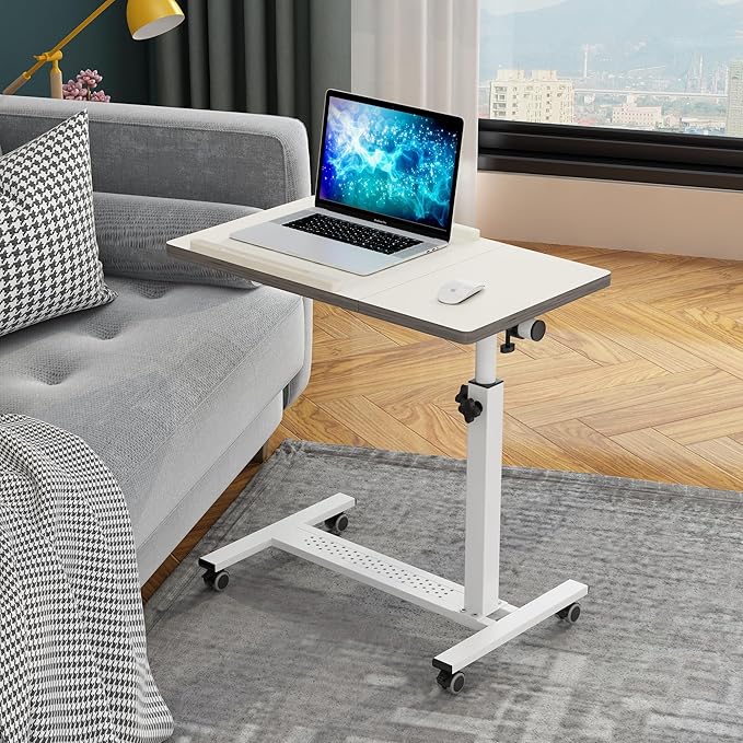 TigerDad Over Bed Table with Wheels Adjustable | Rolling Laptop Table Overbed Desk Hospital Tray Table Sofa Chair Side Table for Home Office (White)