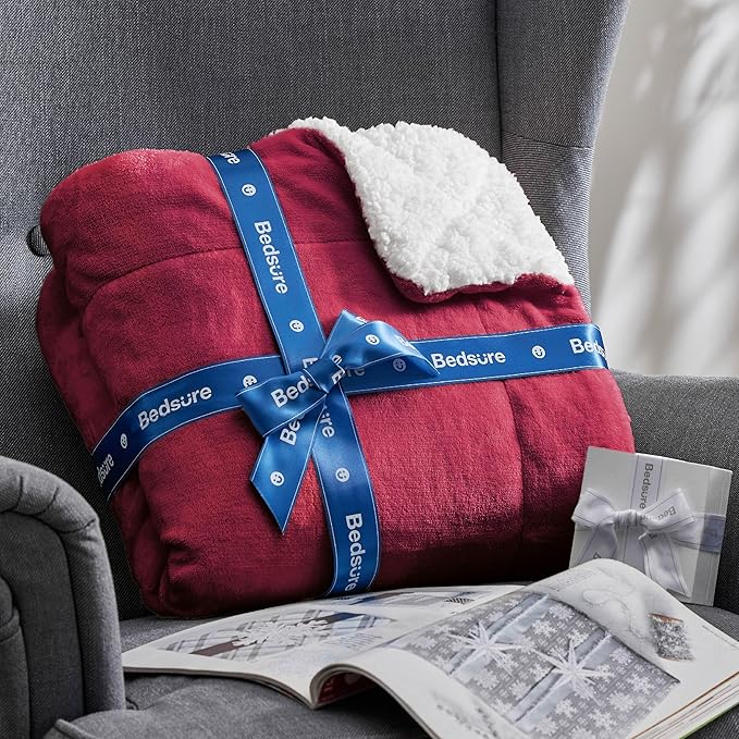 Bedsure GentleSoft Sherpa Fleece Throw Blanket Twin Size for Couch - Thick and Warm Throw for Girls and Women, Soft Fuzzy Plush Twin Christmas Blanket for Winter, Non-Heated, Red, 60x80 Inches
