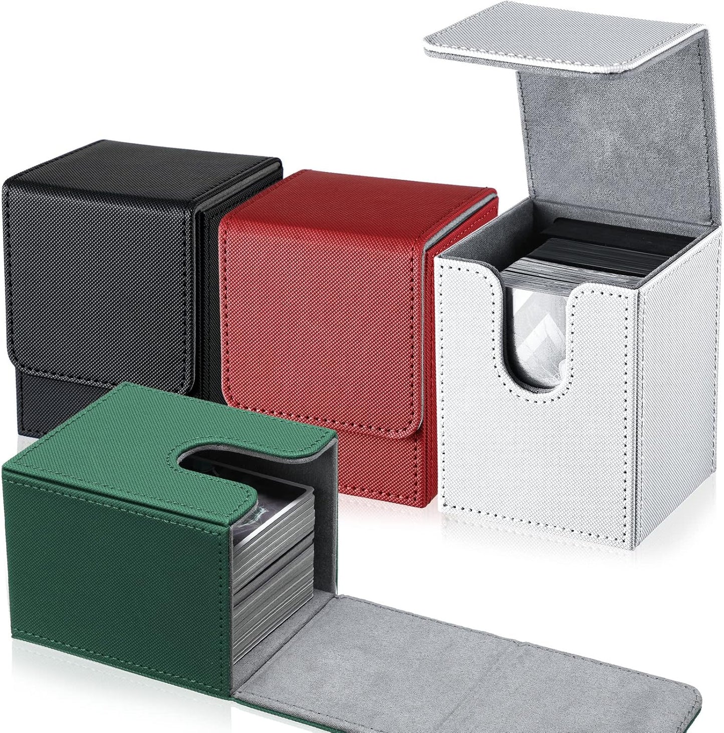 Yookeer 4 Pieces Leather Deck Card Boxes Cards Deck Game Box for Collectible Playing Card Box Compatible with MTG Commander(Black, White, Red, Green,Vertical)