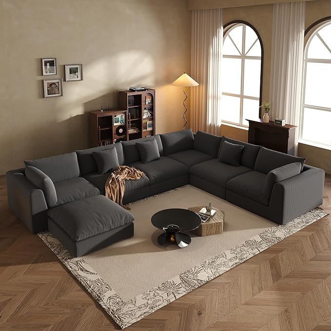 Fajiani Oversized Modular Sectional Sofa, Cloud Couch Deep Seat Sofa Cushion Covers Removable, Oversized Sectional Couches for Living Room (7 Seater-Black Gray)