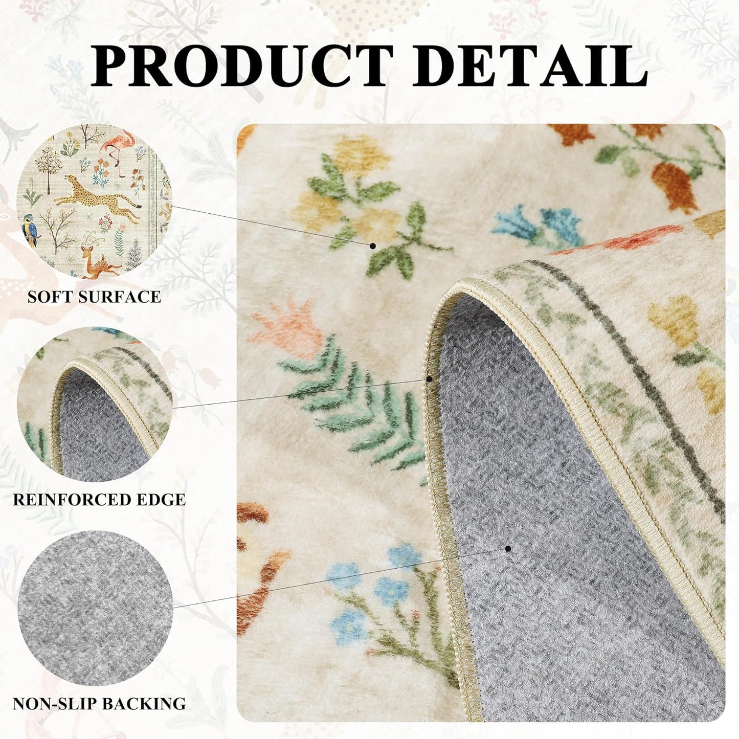 DUKINO 3x5 Rug, Washable Animal Area Rug with Non Slip Vintage Design, Indoor Soft Low Pile Carpet for Bedroom, Nursery, Dining Room, Farmhouse, Playroom, White