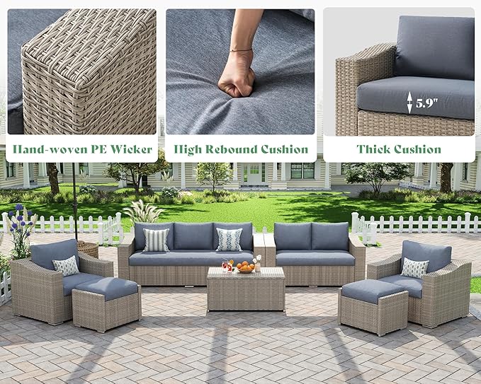 AMERLIFE 10-Piece Outdoor Patio Furniture Set, Wicker Outdoor Couch Conversation Set with Storage Coffee Table, 2 Ottomans, Patio Sectional Sofa for Backyard or Deck, Grey