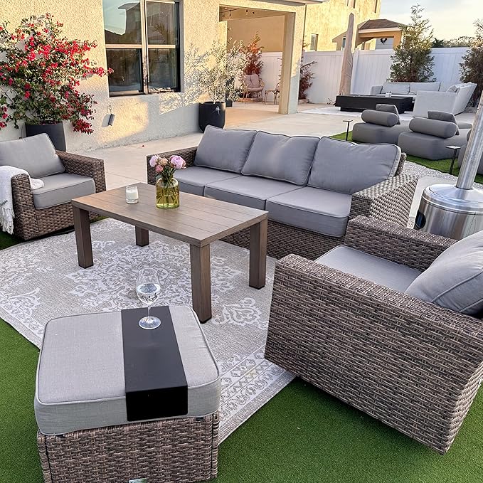 SUNSHINE VALLEY Swivel Glider 6 Piece Outdoor Furniture Set with Swivel Chairs, Wicker Patio Furniture with 4.92" Wide Armrest, 26.3" Deep Seating and 5.5" Thick Cushions, Grey