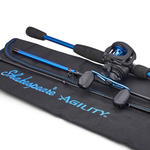 Shakespeare Agility Travel Low Profile Baitcast Reel and 6'6" Fishing Rod Combo, Right Handle Position, 90mm Handle with Large Knobs for Extreme Torque, Multi-Disk Drag System