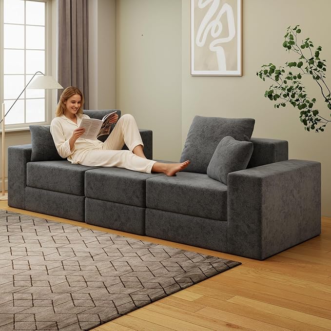Cloud Modular Sectional Sofa, Comfy Boneless Couch for Living Room, Modern L-Shaped Couch with Reversible Chaise, Customizable Sleeper Sofa with Non Slip, No Assembly & Deep Seat, Dark Grey