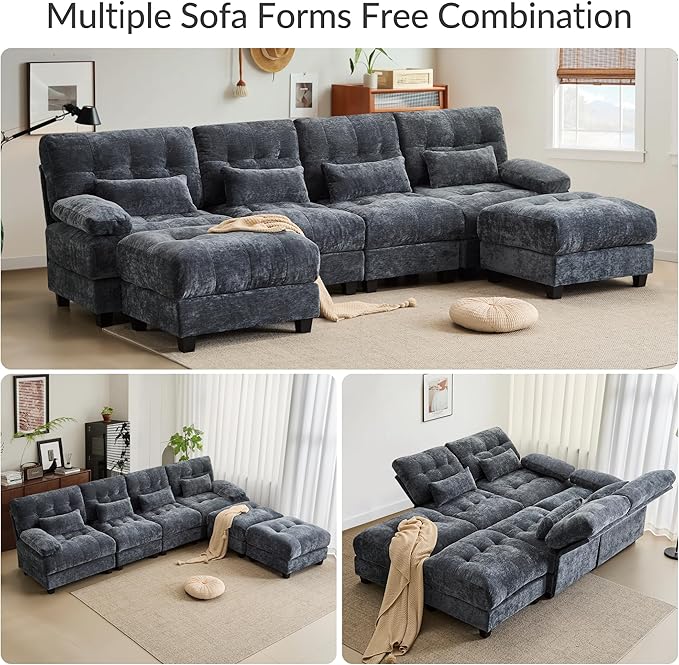 GRAINLLE 93'' Modular Sectional Cloud Couch with 1 Ottoman,Deep Seat Sleeper Sofa L Shaped Sectional Couch,Convertible Upholstered Comfy Chenille Sectional Sofa for Living Room,Bedroom(Blue)