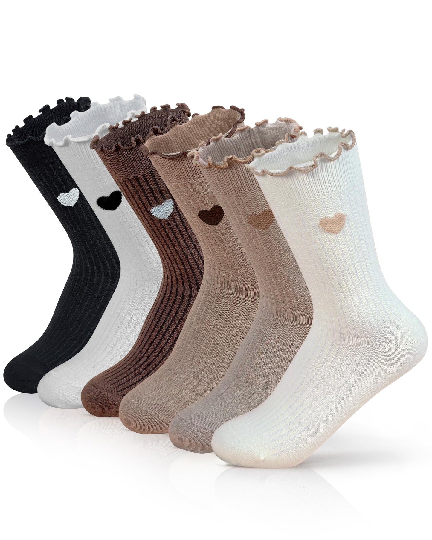 AIVEI Ruffle Socks Woman Frilly Cute Cozy Cotton Heart Aesthetic Neutral Dress Boot Crew Ankle Socks 6 Pairs, Gifts for Women Girls Mother