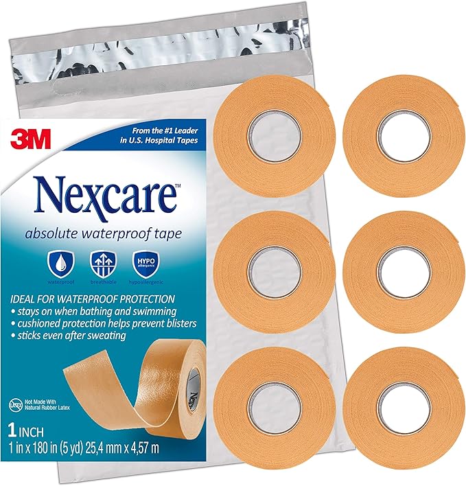 Nexcare Absolute Waterproof Tape, Flexible Foam Medical Tape, Secures Dressing and Keeps Wounds Dry - 1 In x 5 Yds, 6 Roll...