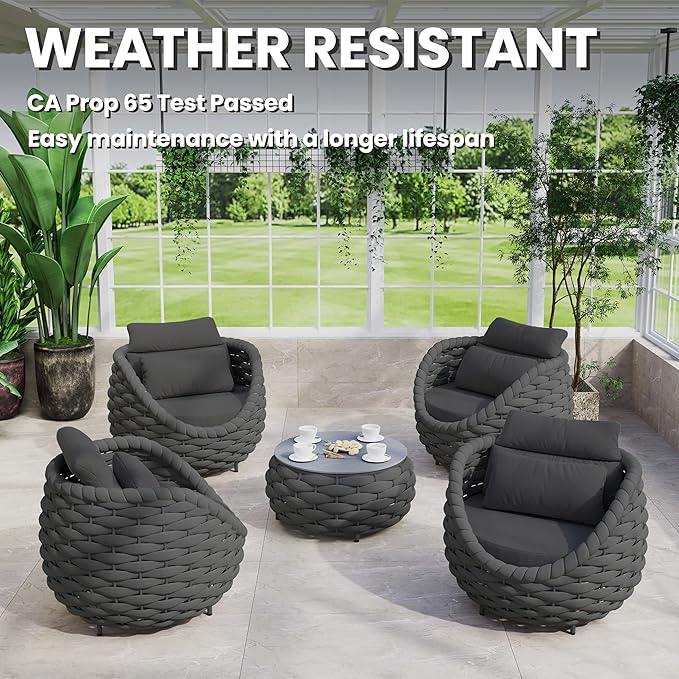 Erotr Aluminum Front Porch Furniture Set: 5 Pieces Woven Rope Patio Conversation Set - All Weather Cushioned Outdoor Sofa Set Assembled - Metal Modern Couch Set 400lb Deck Garden Pool Hotel, Dark Gray