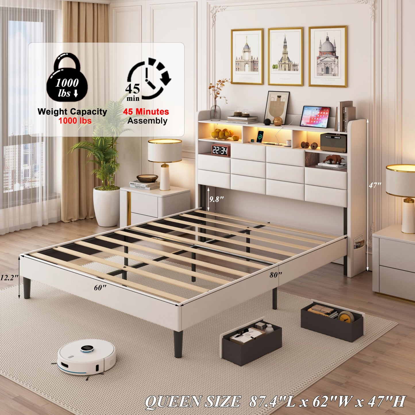 Etditrnp LED Bed Frame Queen Size with Storage Headboard, 2 Hidden Drawers and Charging Station, Velvet Bed Frames with Led Lights, Wooden Slats Support, Easy Assembly, No Box Spring Needed, Beige