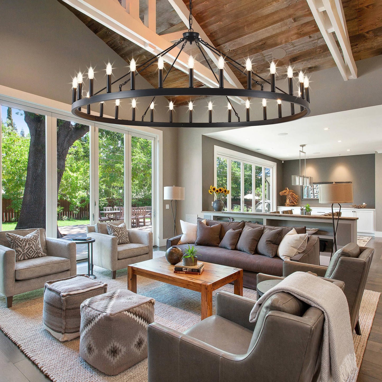 ZBMYRBZJ Large black wagon wheel chandelier 64 inch,30-Light Farmhouse wagon Wheel Chandeliers Round Industrial ceiling light fixtures for outdoor porch high ceilings Living Dining Room Foyer Entryway