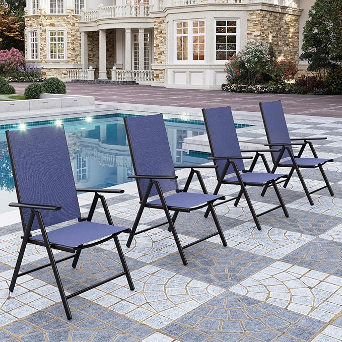PHI VILLA Patio Folding Chairs Set of 4, Portable Outdoor Dining Chairs with Adjustable Backrest for Outside, Garden, Lawn & Yard, No Assembly, Blue