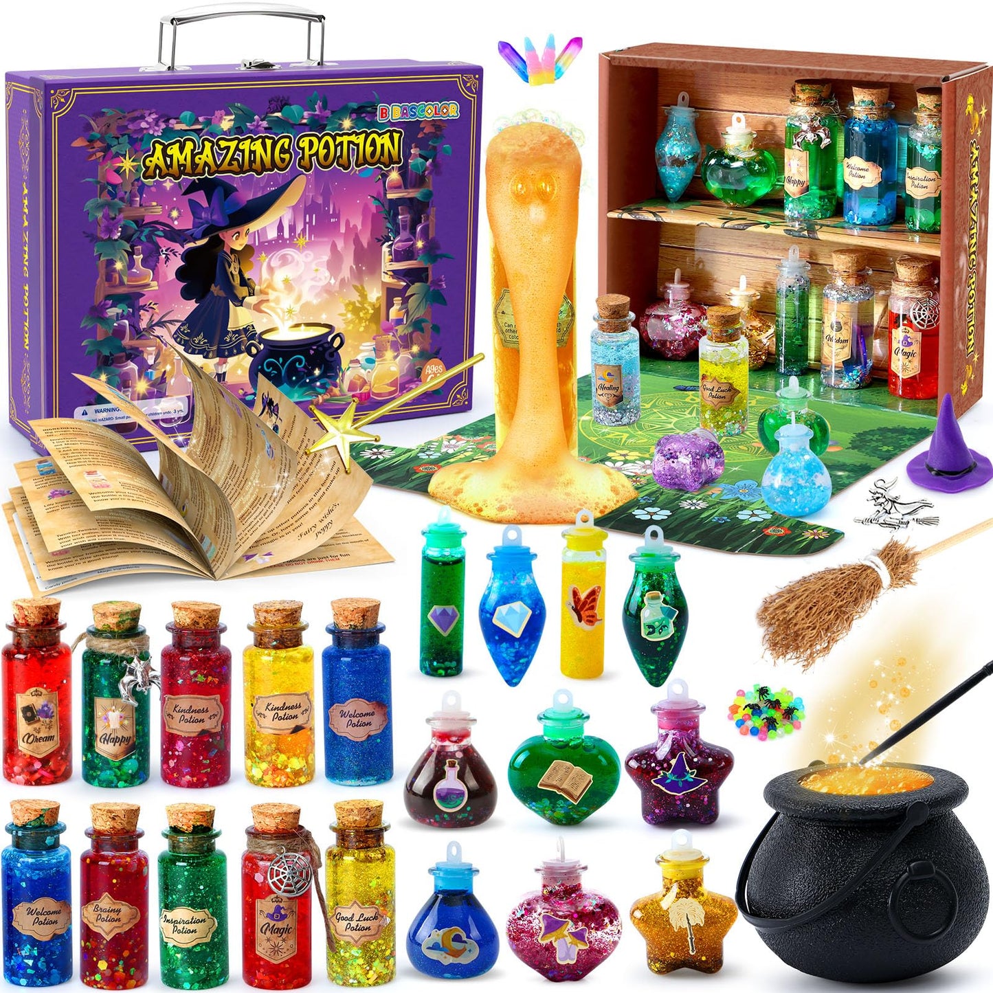 B Bascolor Potion Kits for Kids Girls Toys, 20 Magic Themed Witch Mix Potion Bottles/Cauldron/Magic Carry Case, Kids Potion Making Kit, Halloween Christmas Birthday gifts for girls kid age 6 7 8-10-12
