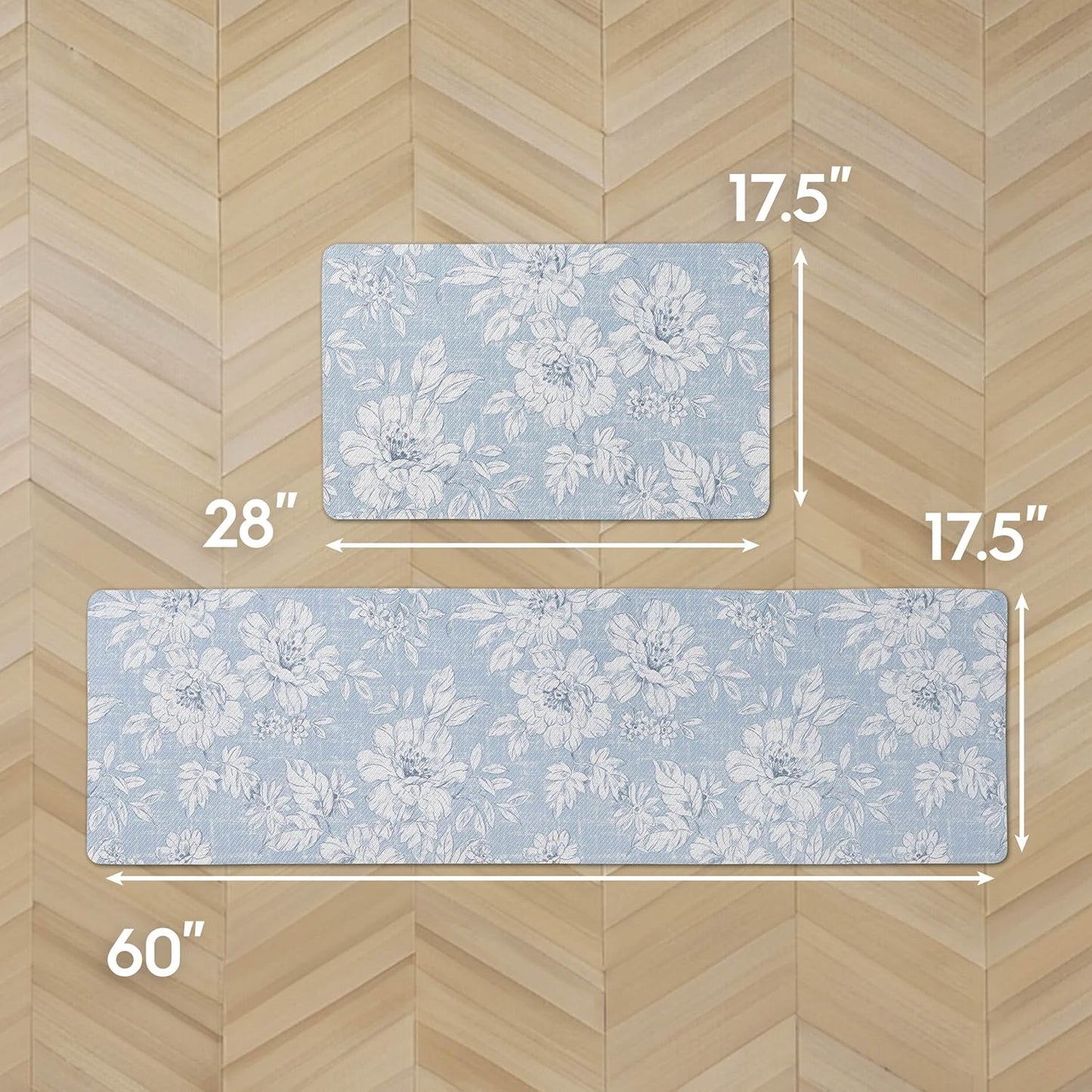 Laura Ashley - Anti-Fatigue Kitchen Mat, Iris Floral Design, Stain, Water & Fade Resistant, Cooking & Standing Relief, Non-Slip Backing, 2 Piece Set: 17.5" x 60" / 17.5" x 28" Light Blue Iris