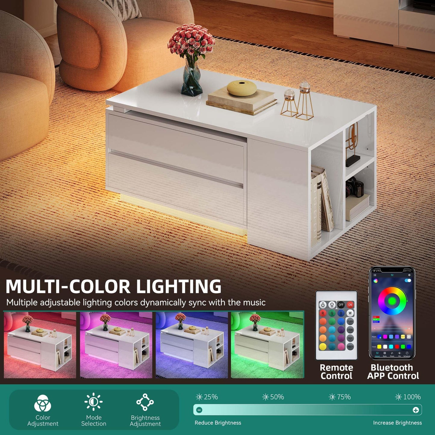 YITAHOME Coffee Table LED Coffee Table with 4 Storage Drawers, Extendable Coffee Tables for Living Room, Modern Wooden Rectangle Cocktail Table with Open Shelves & Sliding Tabletop 35"- 61", White