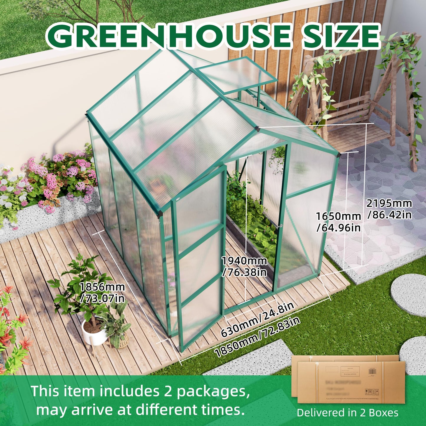 6x10FT Walk-in Polycarbonate Greenhouse Kit, Heavy Duty Aluminum Alloy Frame Green House with Ventilation & Drainage System, UV Resistant Plant Shelter Outdoor Garden Backyard All Season Use