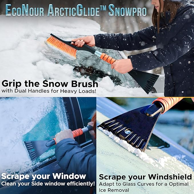 EcoNour 27" Car Snow Brush and Ice Scrapers for Car Windshield (Orange - 2 Pack) | Scratch Free Bristle Head Snow Brush & Tough Window Snow Scraper with Aluminium Body