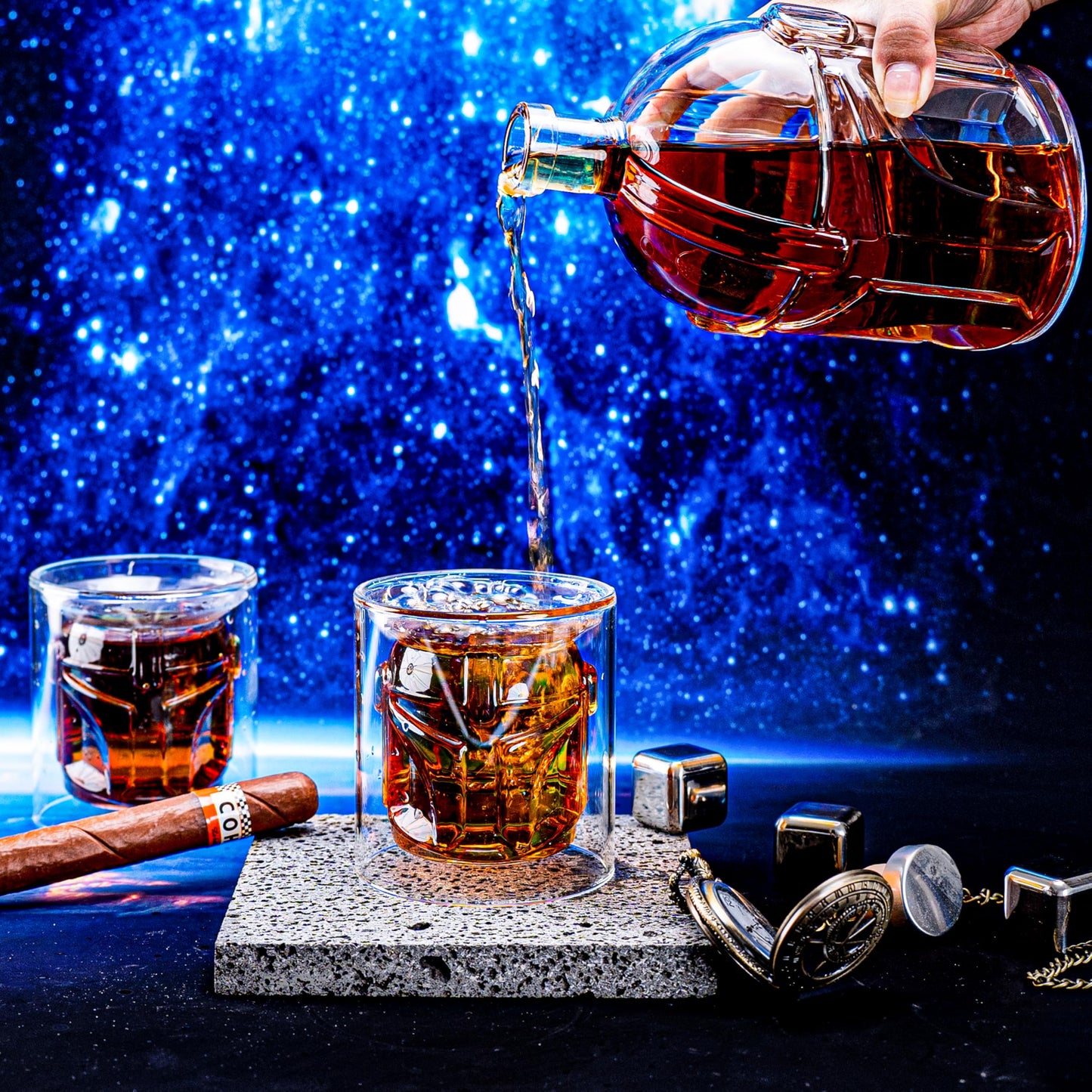 Space Helmet Shaped Whiskey Decanter Set with 2 Wine Glasses, Whiskey Stones for Bourborn, Liquor, Scotch, Birthday Day Gifts for Men Father Women