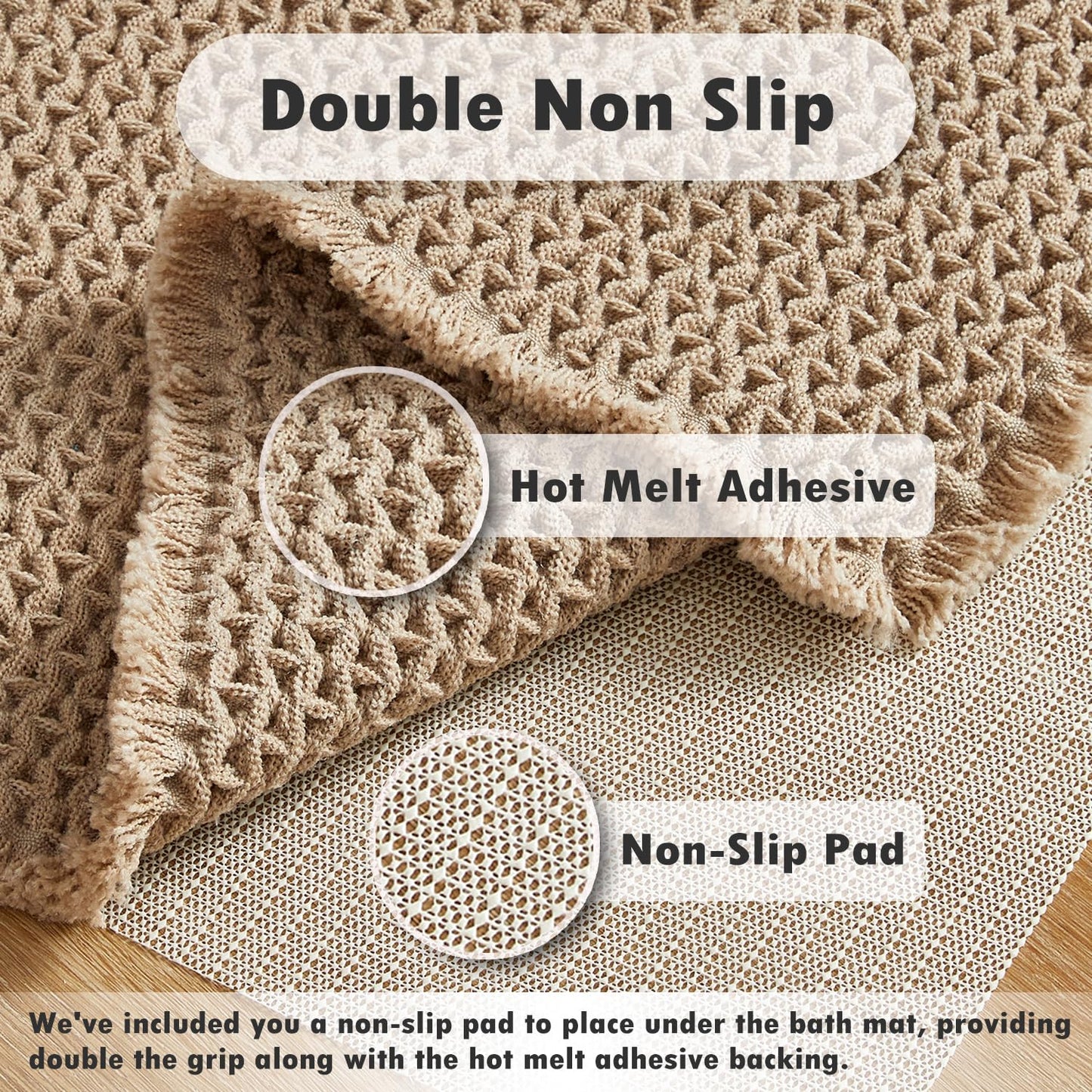 TYUU Boho Bathroom Rugs, Super Absorbent Non Slip Waffle Bath Mat Quick Dry Bath Rugs Washable Boho Farmhouse Bathroom Rugs, Khaki 24"x16"