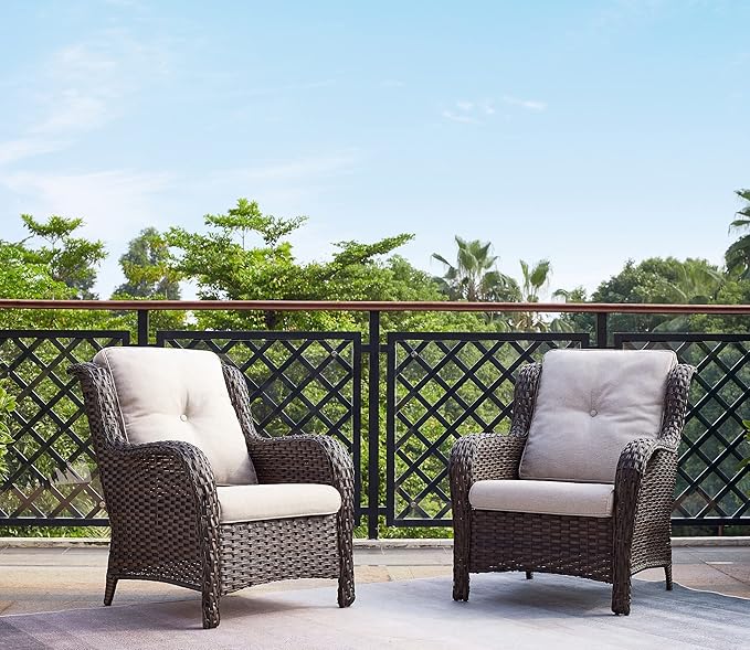 Rilyson Outdoor Furniture Set, 5-Piece Patio Rattan Wicker Sectional Sofa Set with 3-Seat Couch, 2 Armchairs, 2 Ottoman Footrests for Patio Conversation (5 PC,Brown/Beige)
