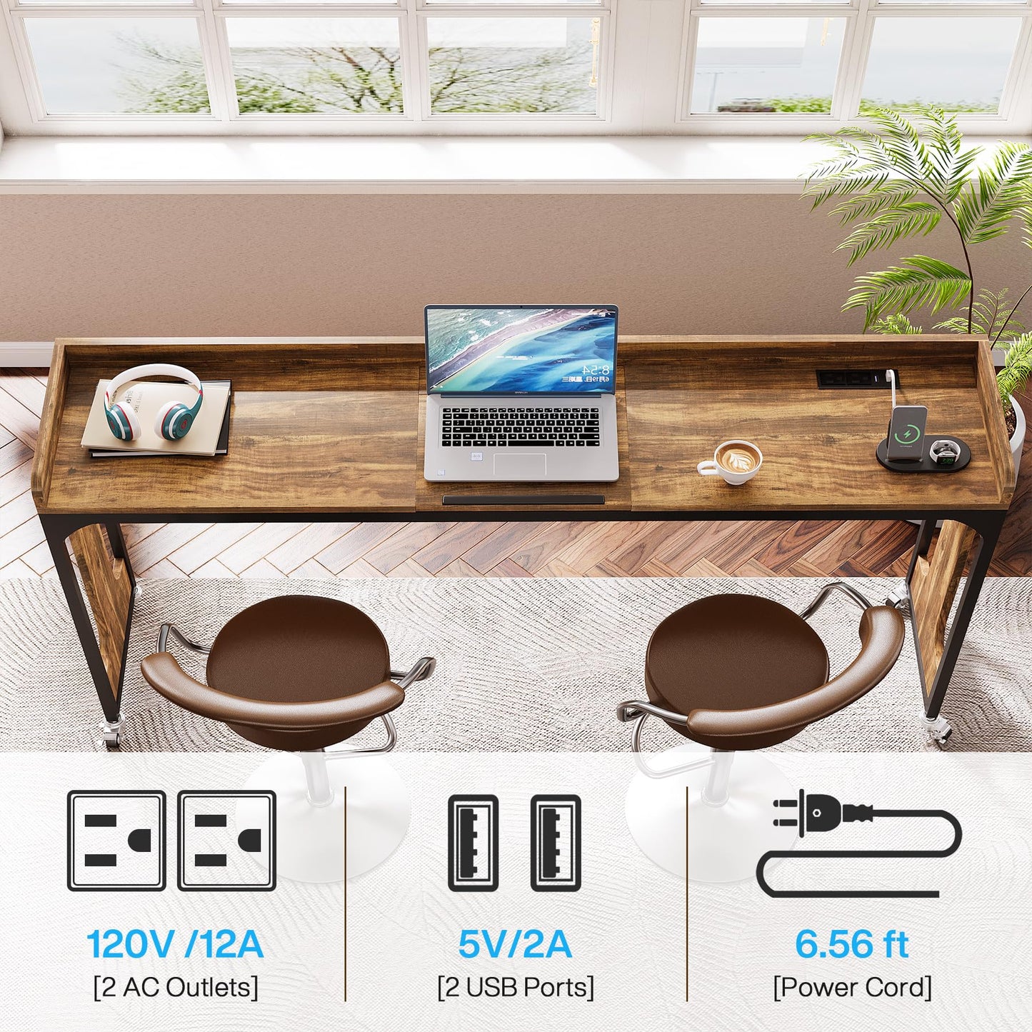 Tribesigns Overbed Table with Wheels, 71" Queen Size Bed Table with Adjustable Tilt Board, Mobile Laptop Cart with Outlets & USB Ports