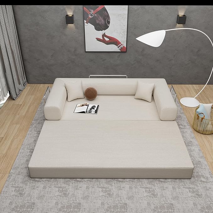 Convertible Couch Sofa Bed Foldable Floor Sleeper | Upgraded ALL High-Density 35D Foam | Fold Out Deep Seat Couch | King Size | Compression Sofa Sleeper for Living Room, Bedroom | Corduroy Beige