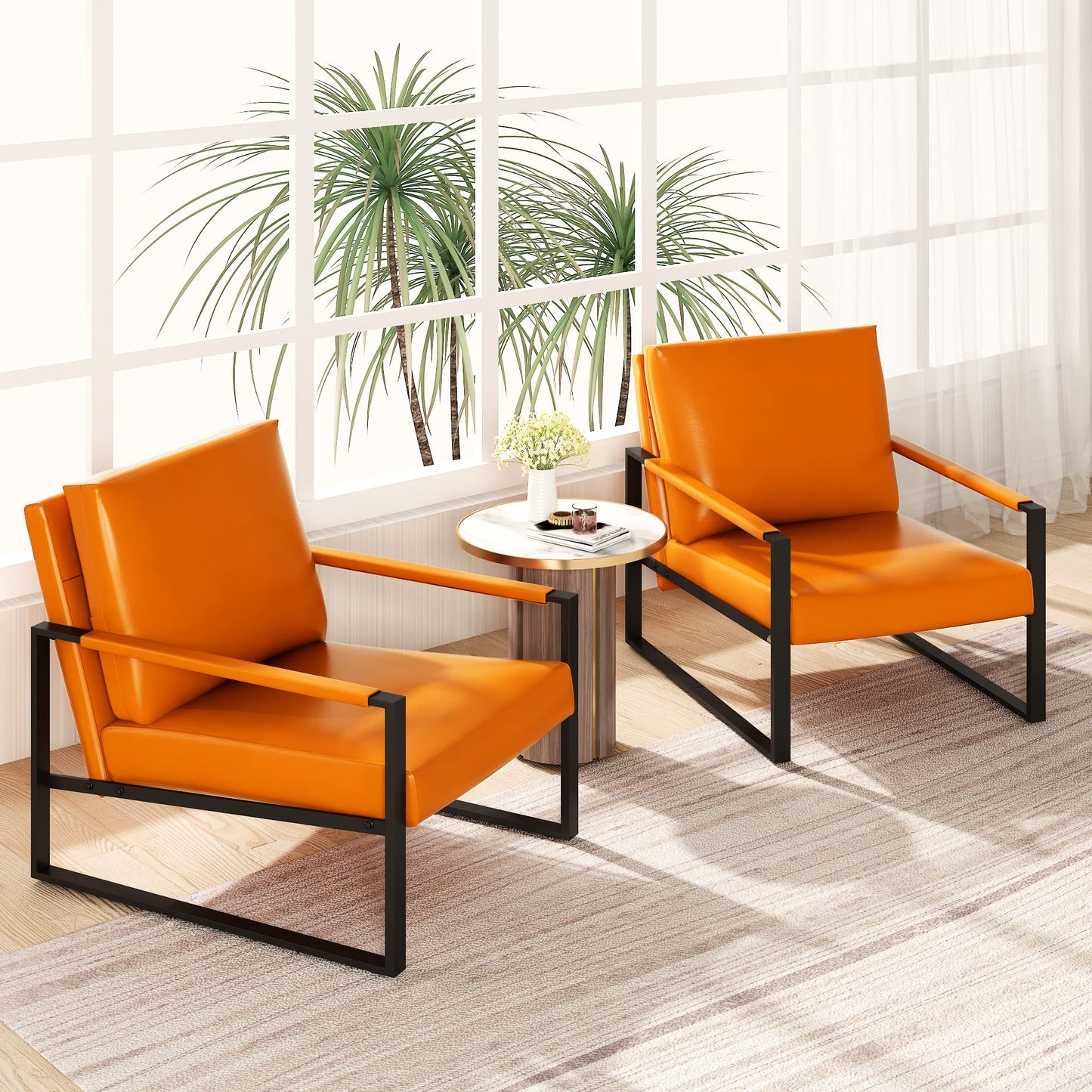 AWQM Modern PU Leather Accent Chair Arm Chair with Extra-Thick Padded Backrest and Seat Cushion Sofa Chairs for Living Room Bedroom, 105 Degree Slant Back, Non-Slip Adsorption Feet, Orange